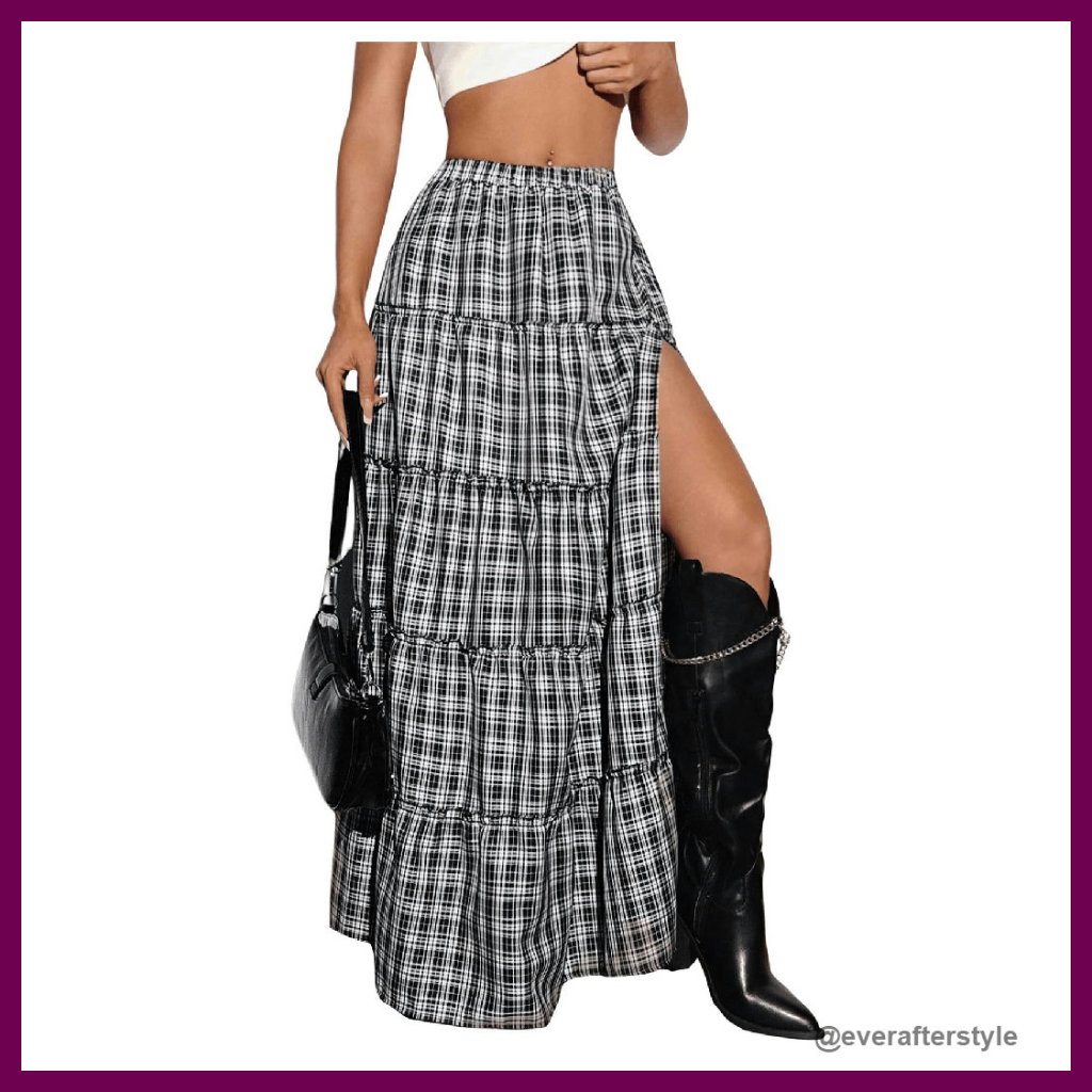 Plaid Maxi Skirt High Slit Tiered Ruffle Y2k Vintage Elegant Flowy